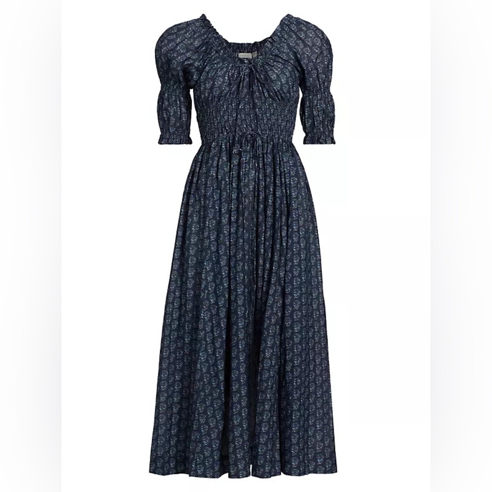 Dôen Ischia Printed Smocked Midi-Dress in Navy Paisley Bouquet Size XXS 0